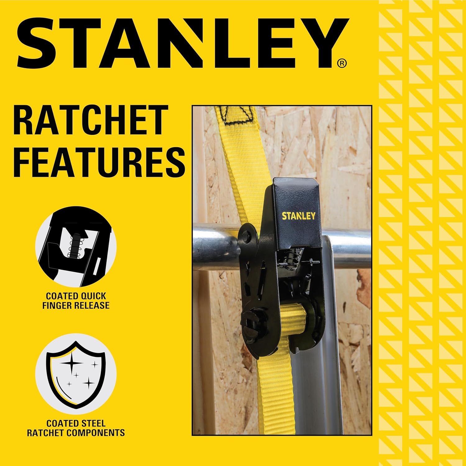 STANLEY S9500 Black/Yellow 1" x 10' Ratchet Straps - Light Cargo (300 lb Working Load / 900 lb Break Strength), 4 Pack - Image 4