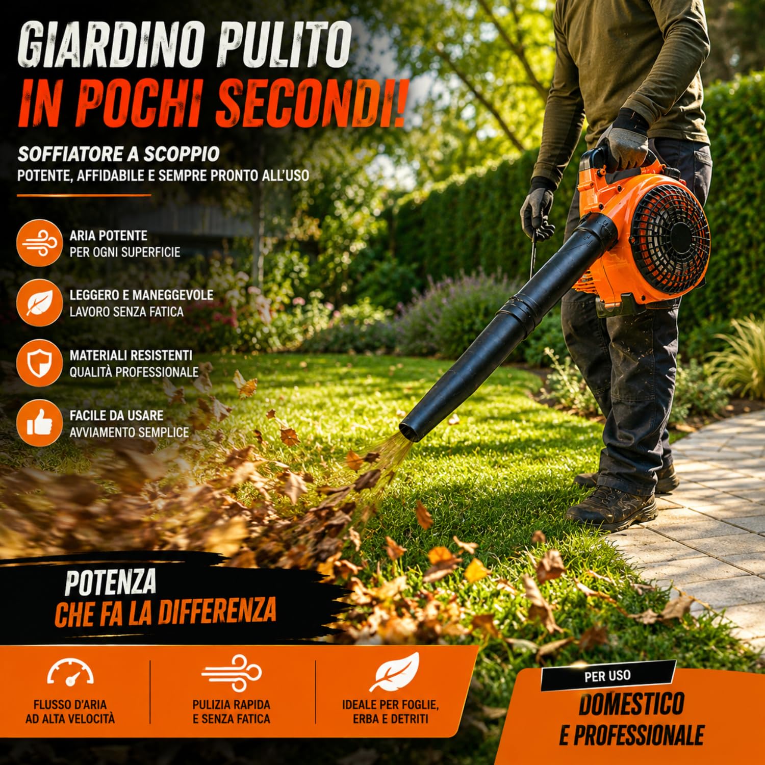 Soffiatore a Scoppio 25CC Motore 2 Tempi 1500W per Giardino