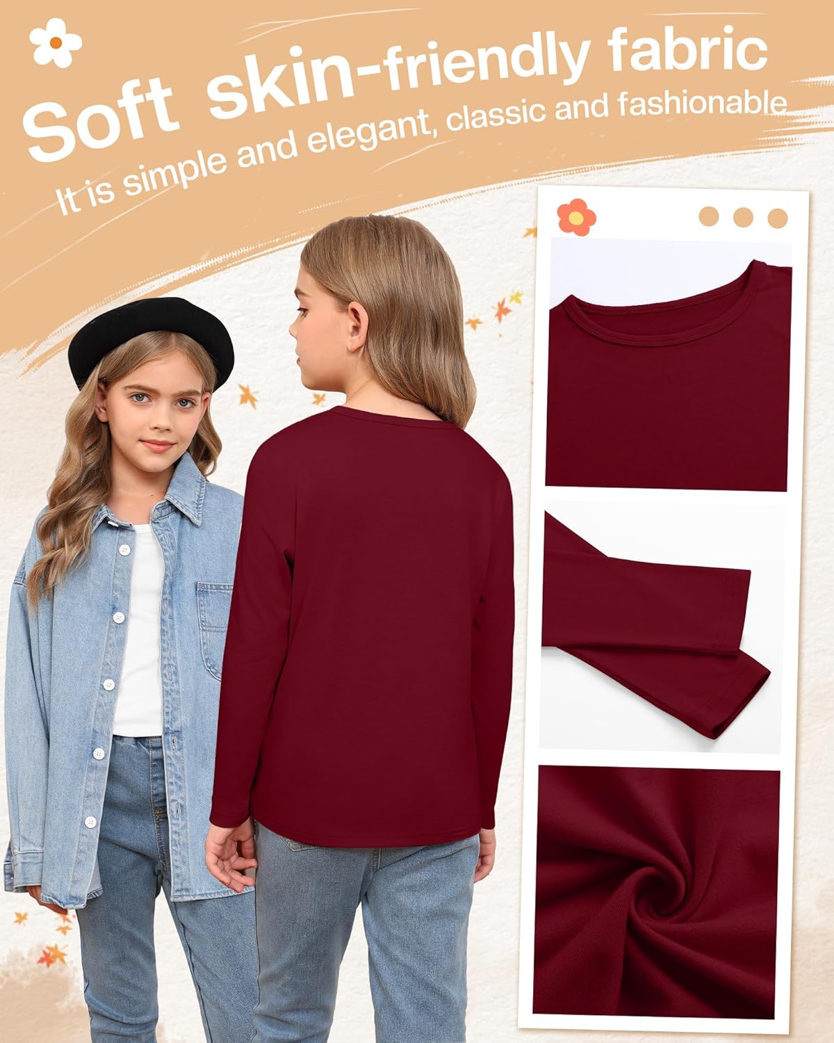 5 Pack Girls' Long Sleeve Shirts Kids Soft Crewneck Casual Loose Fit Layering Tops Basic Athletic Pullover Tee - Image 2