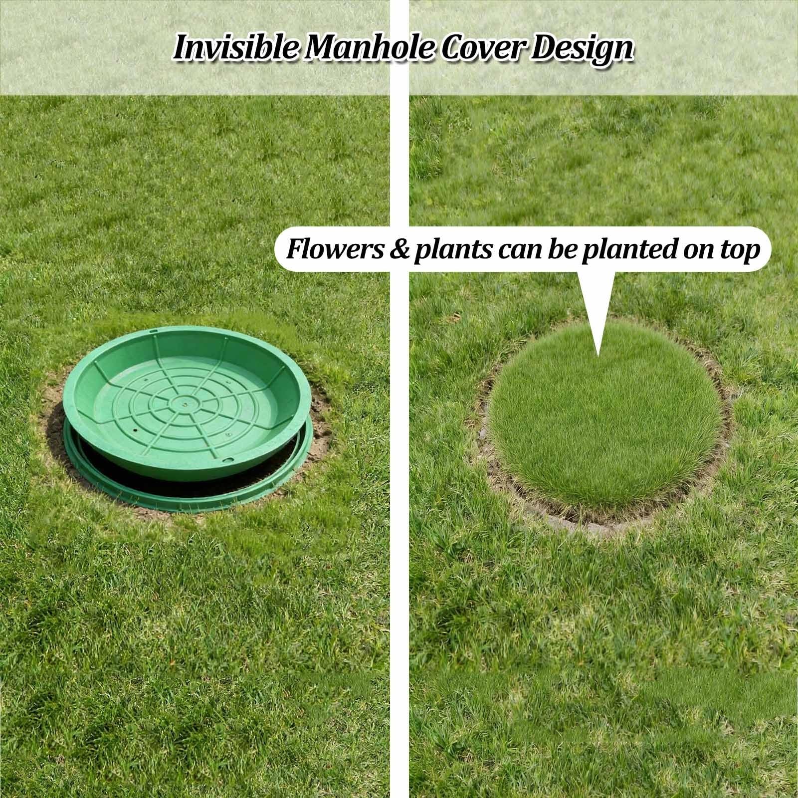 Coperchio e Telaio per pozzetto Rotondo da 60 cm, Coperchio di ispezione in Resina Rinforzata per Prato, Giardino e Parco - Coperchio di ispezione a Scomparsa per soluzioni di paesaggistica