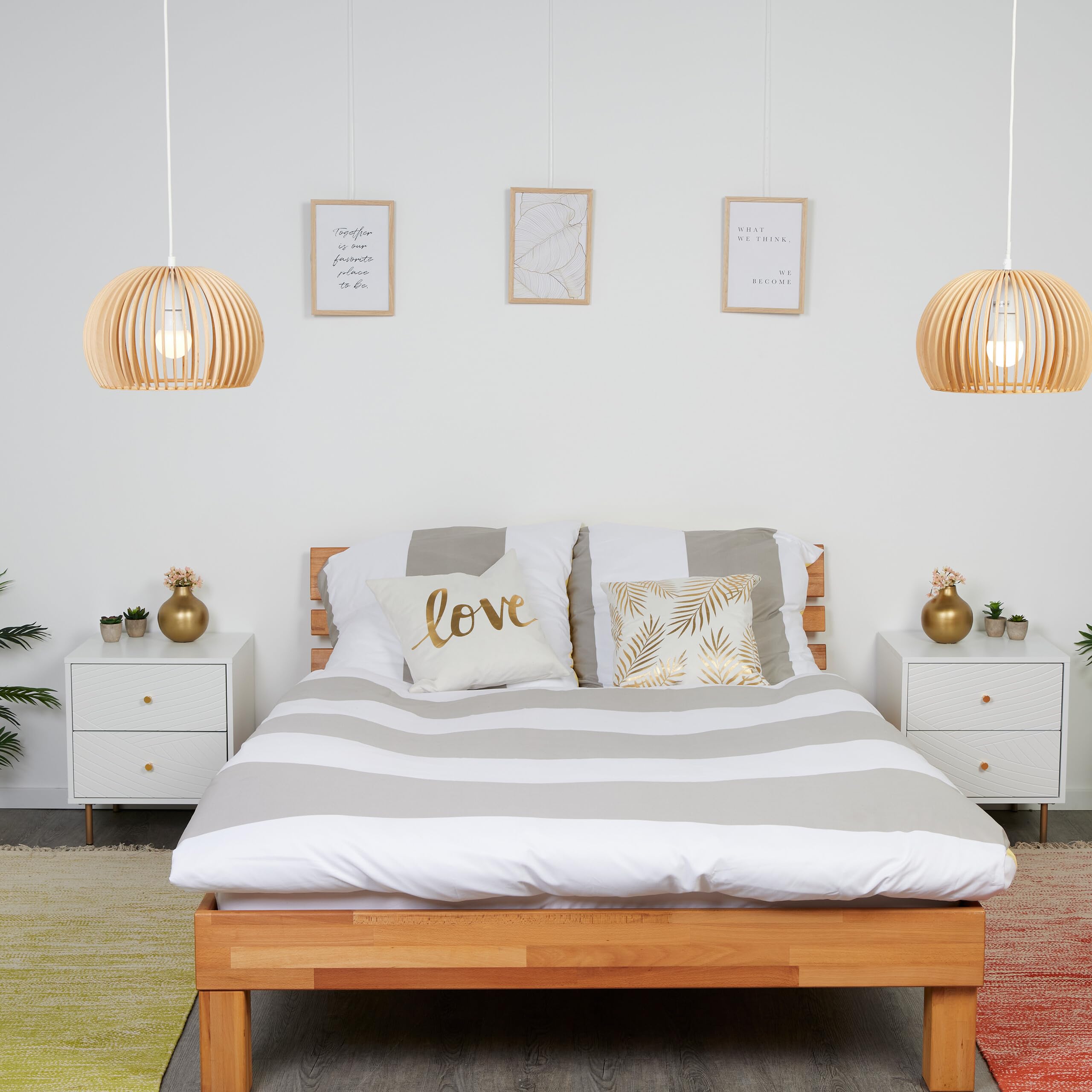 Relaxdays 2 Mesitas de Noche con 2 Cajones, Mesilla Dormitorio, Mesas Auxiliares de Cama, 52 x 45 x 40 cm, Blanco/Dorado
