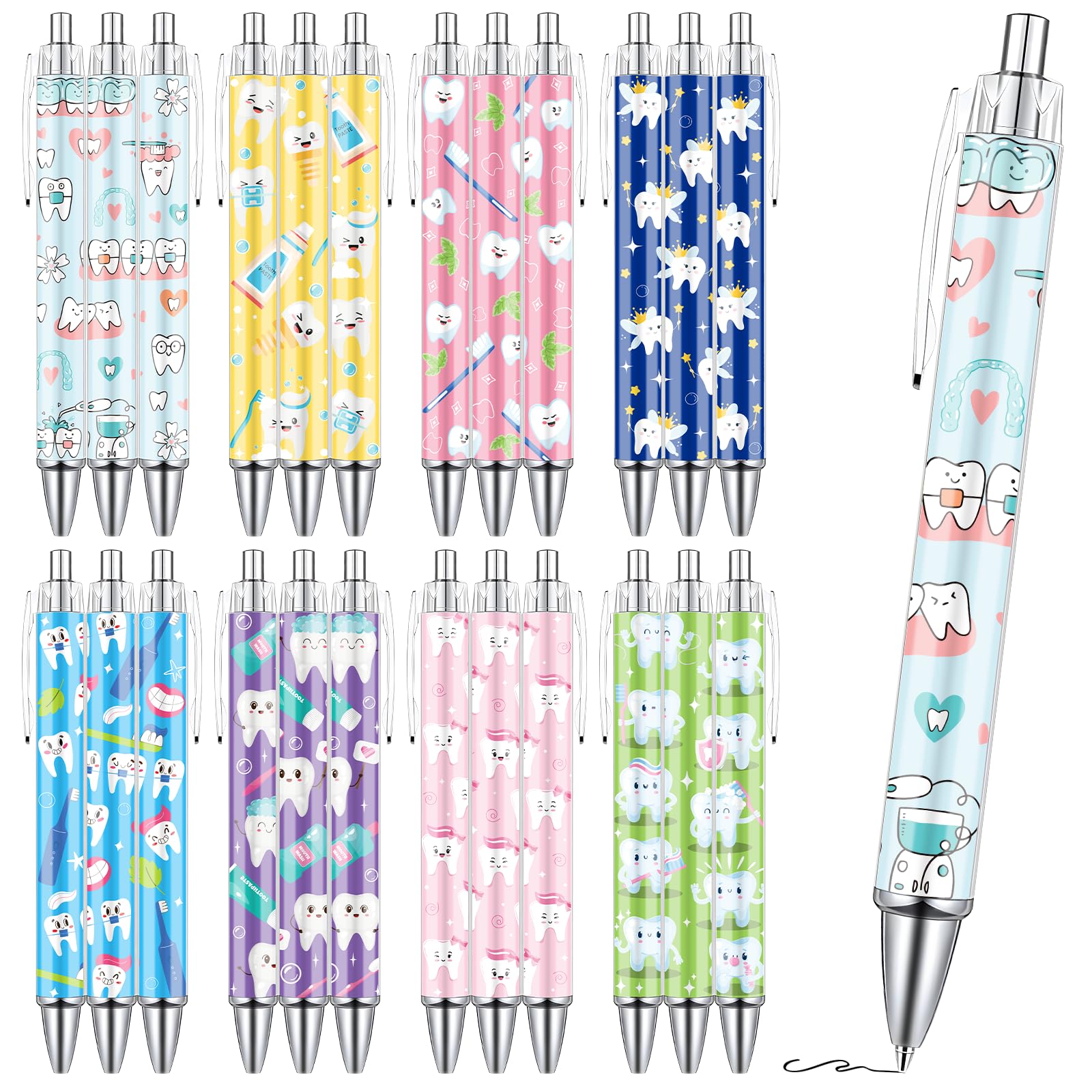 Dental Ballpoint Pens Gifts - 24PCS Tooth Themed Pens Sets Dental Assistant Ball Point Pens Retractable Smooth Writing Pens for Dental Hygienist Office Stationery Home School Supplies