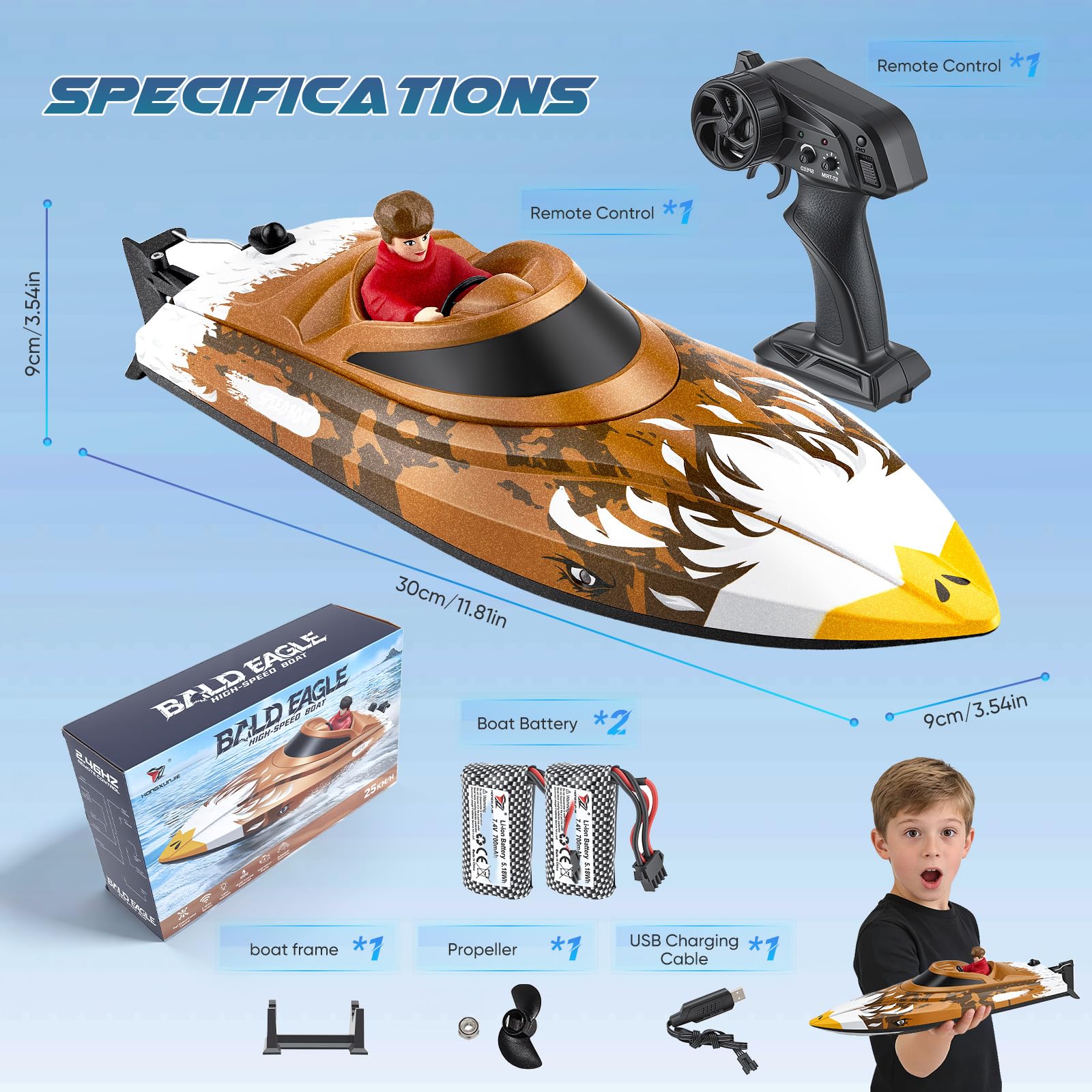 Bateau RC télécommandé 25 km/h - Bateau de course haute vitesse étanche avec 2 batteries et télécommande 2,4 GHz pour piscine, lac et étang - Pour enfants et adultes (Marron)