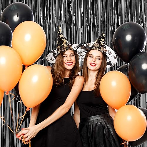 Miniatura 5 de CHRORINE 2 cortinas de flecos de oropel negras de 3 x 8.3 pies, serpentinas para telón de fondo de fotos para cumpleaños, graduación, Halloween,