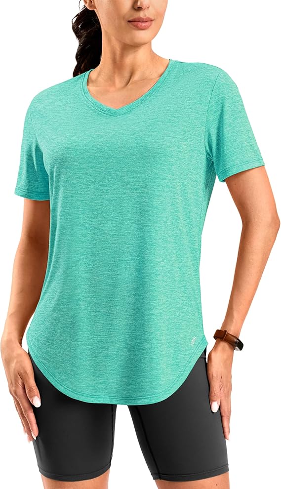 Viodia Womens Workout Tops Full Back Coverage Athletic Shirt UPF 50+ Quick Dry Short Sleeve T Shirts V Neck Gym Yoga Tunic