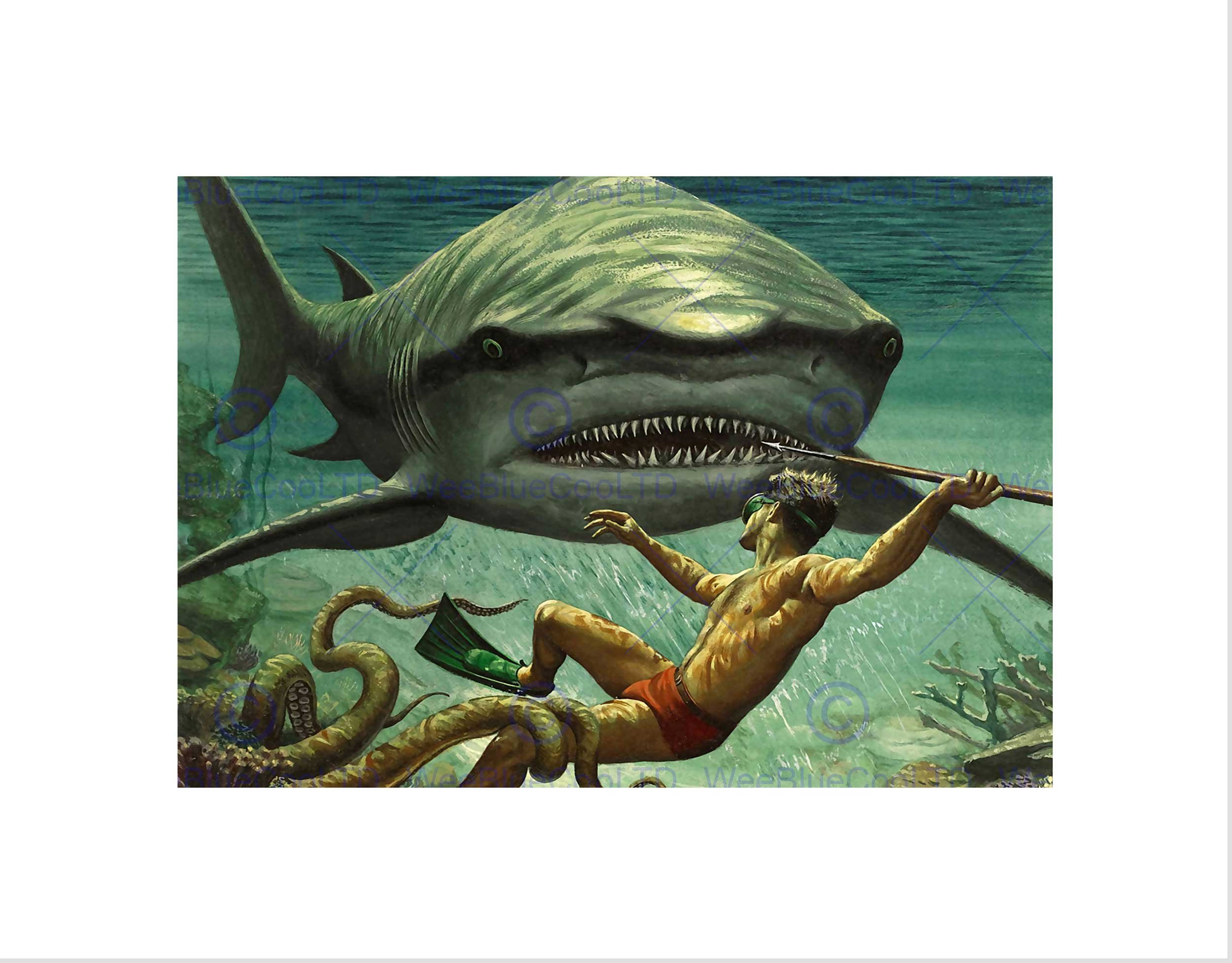 Wee Blue Coo SHARK ATTACK OCTOPUS DIVER SPEAR ADVENTURE UNDERWATER FRAMED PRINT B12X7498