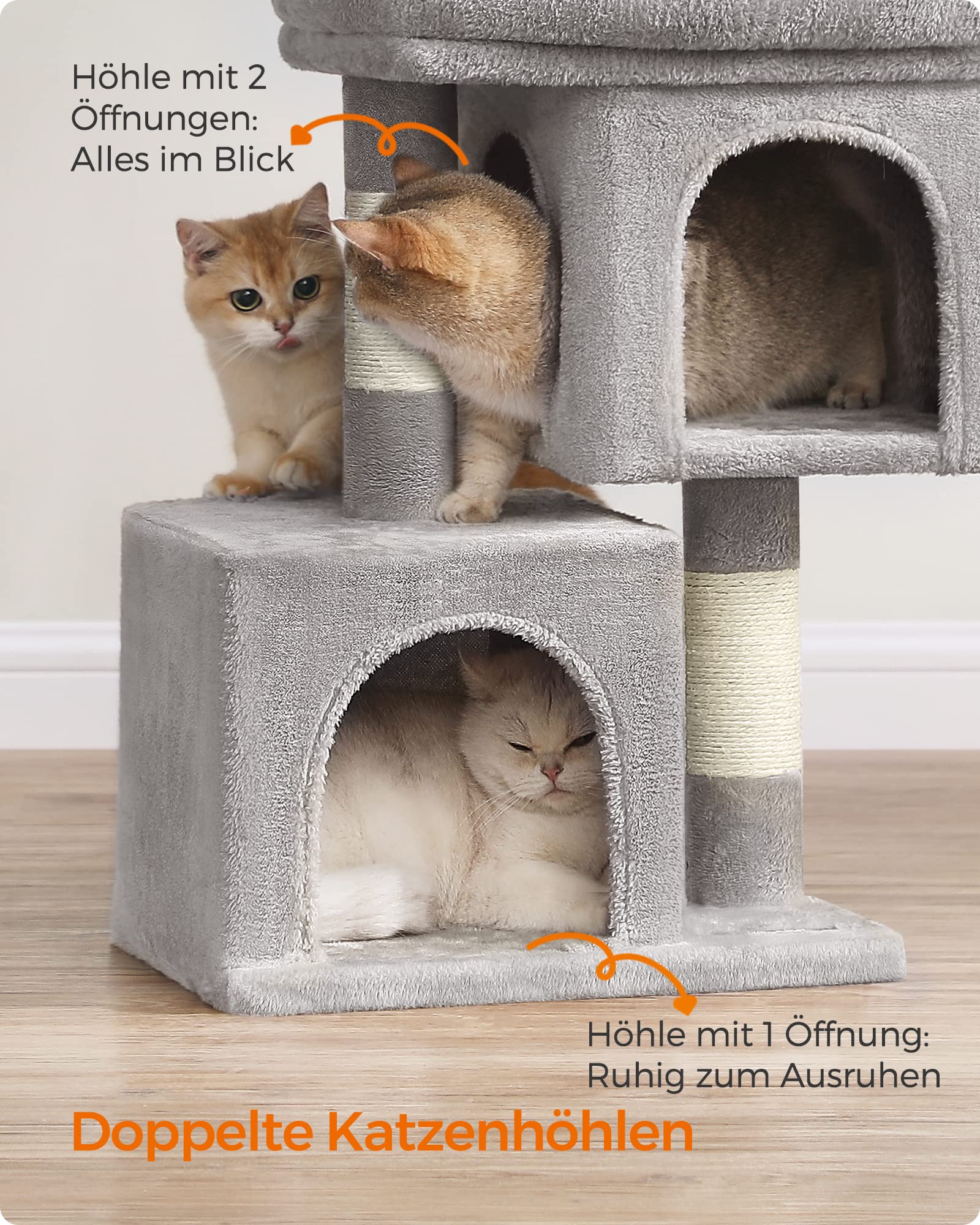 Feandrea Kratzbaum klein, 67 cm Katzenbaum, Katzenhaus für Kätzchen bis zu 3 kg, große Plattform, Sisalstämme, hellgrau PCT611W01