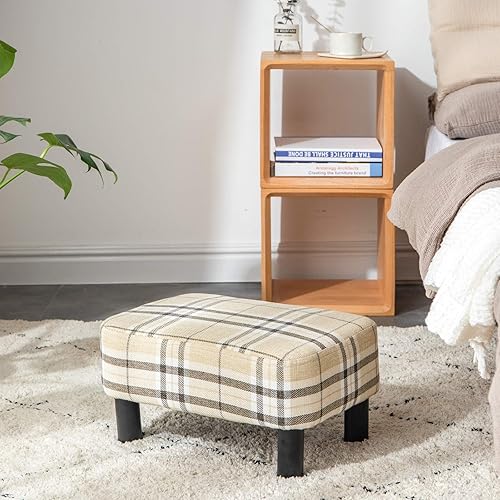 Miniatura 2 de IBUYKE 16.54" Small Footstool, Linen Fabric Pouf, with Padded Seat Pine Wood Legs and Padded Rectangular Stool, for Bedroom, Stripe RF-BD215