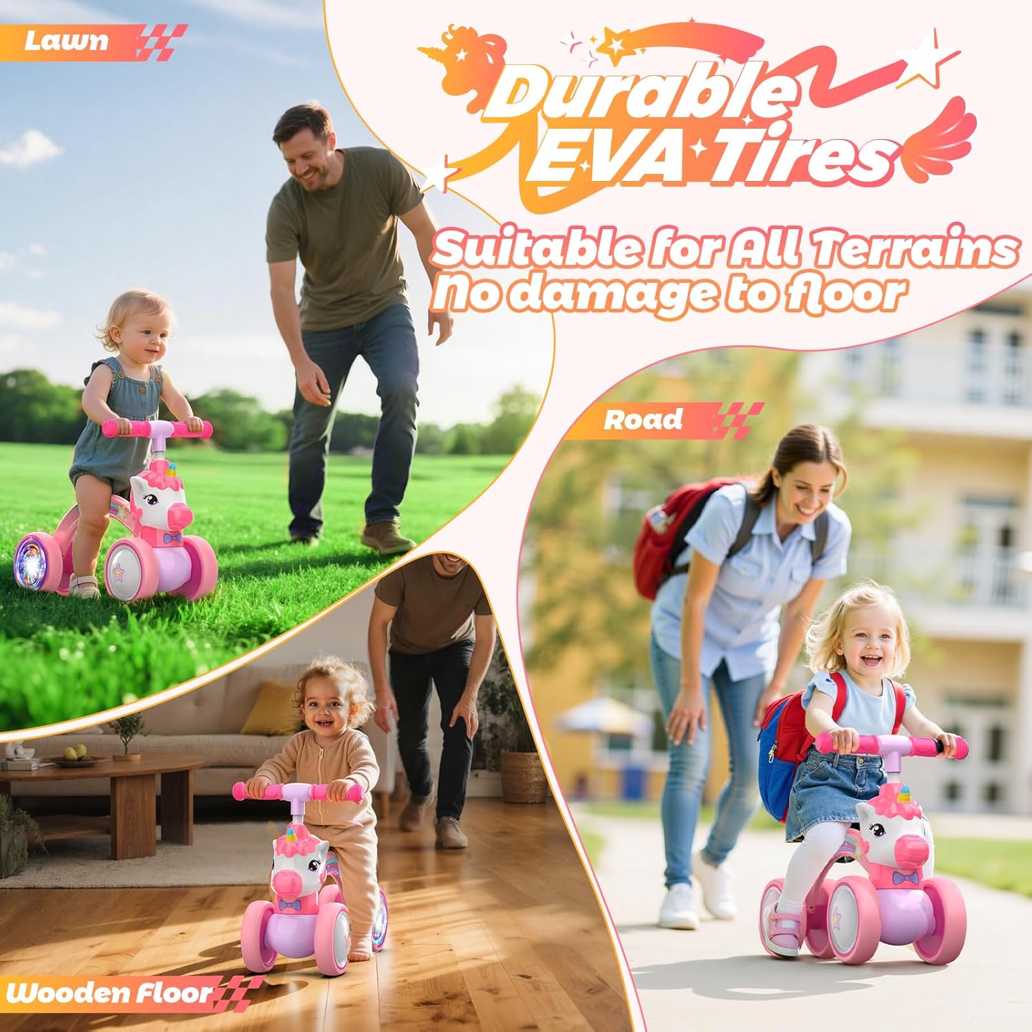 Unicorn Baby Balance Bike Ride on Toys for 1 2 Year Old, Toddler Bike, Birthday Gifts for 1 2 Year Old Girls, Colorful Lighting Silent Wheels, No Pedal, Safe Baby First Bike & Birthday Gift