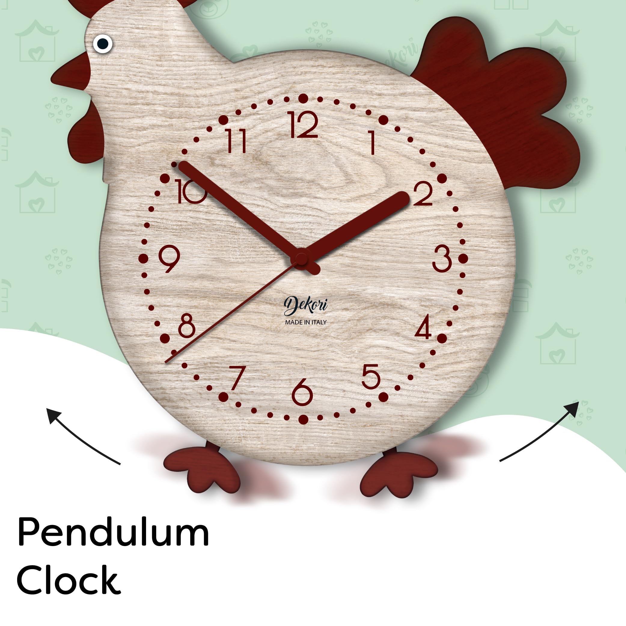 DEKORI Orologio da Parete con Pendolo – Design Gallinella in Legno, Silenzioso e Artigianale, per Cucina Rustica o Casa, 27x32 cm