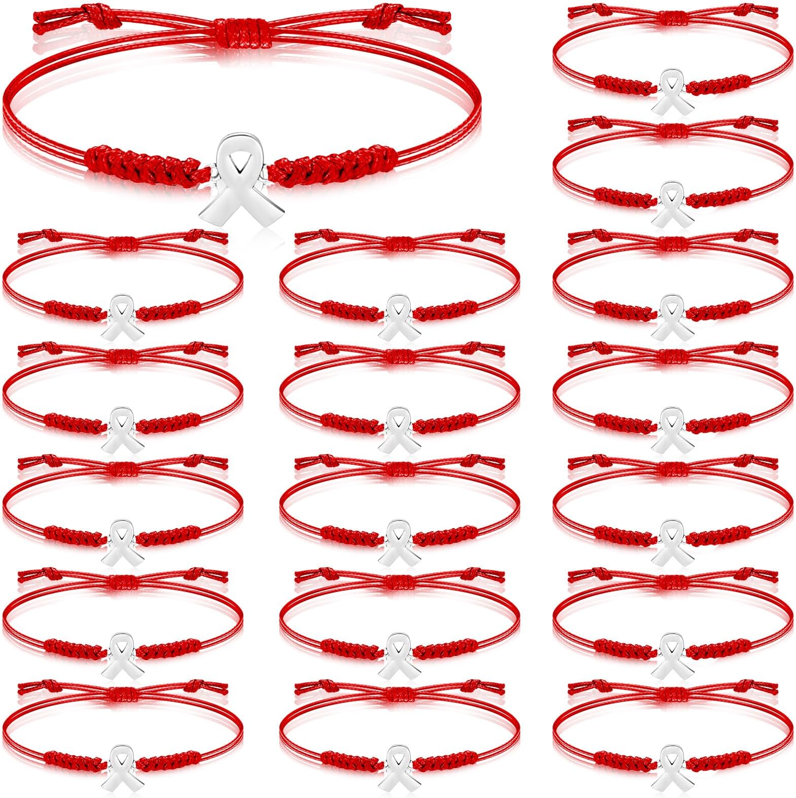 Sasylvia 20 Pcs Red Ribbon HIV/AIDS Awareness Bracelets Blood Cancer Heart Disease Tuberculosis Bracelets Adjustable Cord Heart Health Awareness Gifts for Women Cancer Survivor Fighter Jewelry
