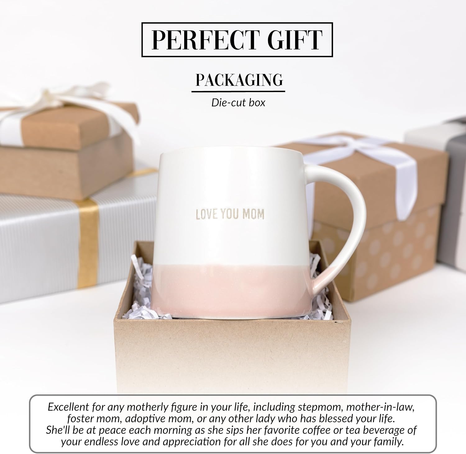 Pavilion Gift Company - Love You Mom - 17 oz Organic Shaped Pink Dipped Stamped Letter Novelty Coffee Mug Tea Cup Mother Mama Mommy Gift Neutral Home Modern Mom Friend Present