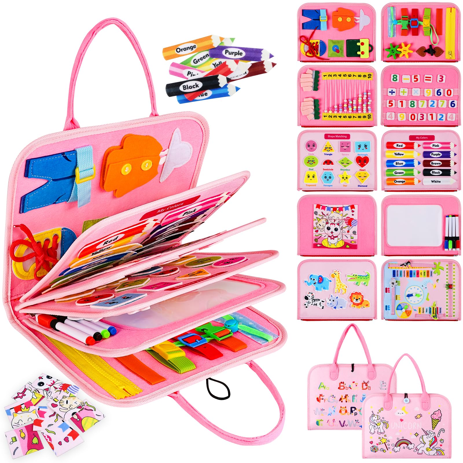 ANOMM Busy Board for Toddlers, Montessori Toys for 1 2 3 4 Year Old, 10 in 1 Felt Busy Book Sensory Toys, Preschool Educational Activities for Fine Motor Skills Learning, Kids Travel Toys Gifts, Pink — image 1
