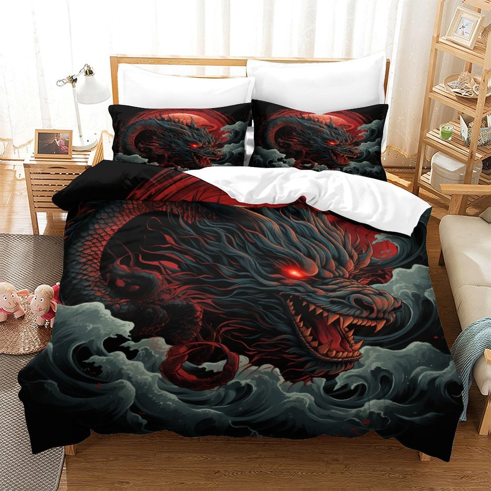 Housse de couette dragon noir hypoallergénique pour en finir avec les allergies en lit simple