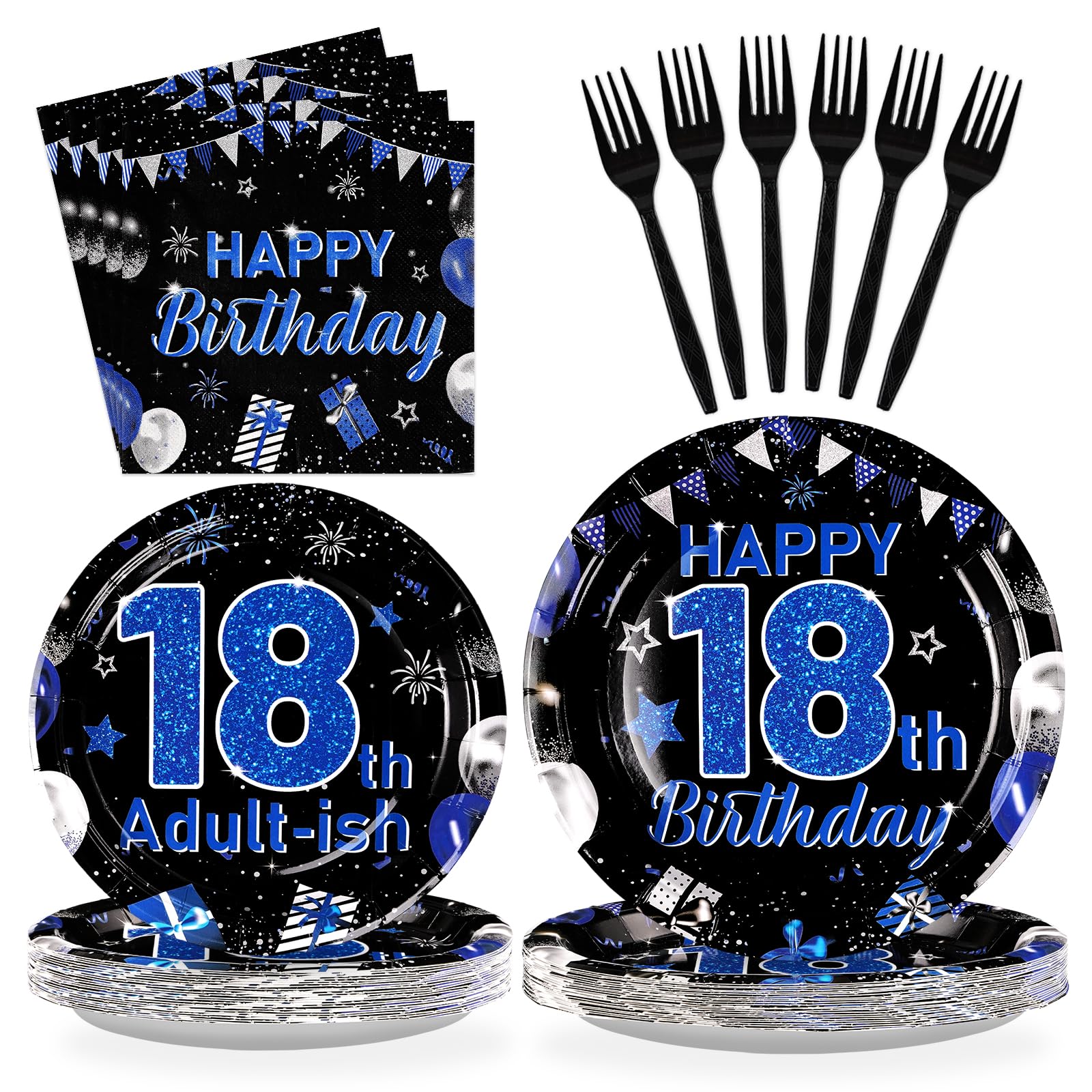 96Pcs 18th Birthday Decorations for Boys Blue and Black 18th Birthday Plates and Napkins Tableware Sets 18 & Adult-ish Party Decorations Favors for