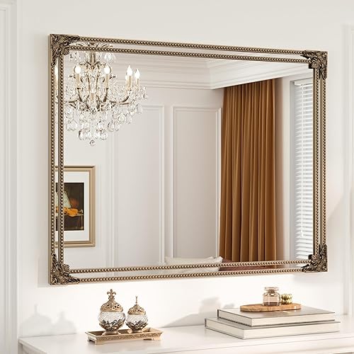Keonjin Espejo vintage dorado de 30 x 36 pulgadas, espejos antiguos rectangulares, decoración tradicional de mantel de latón, decoración de pared de