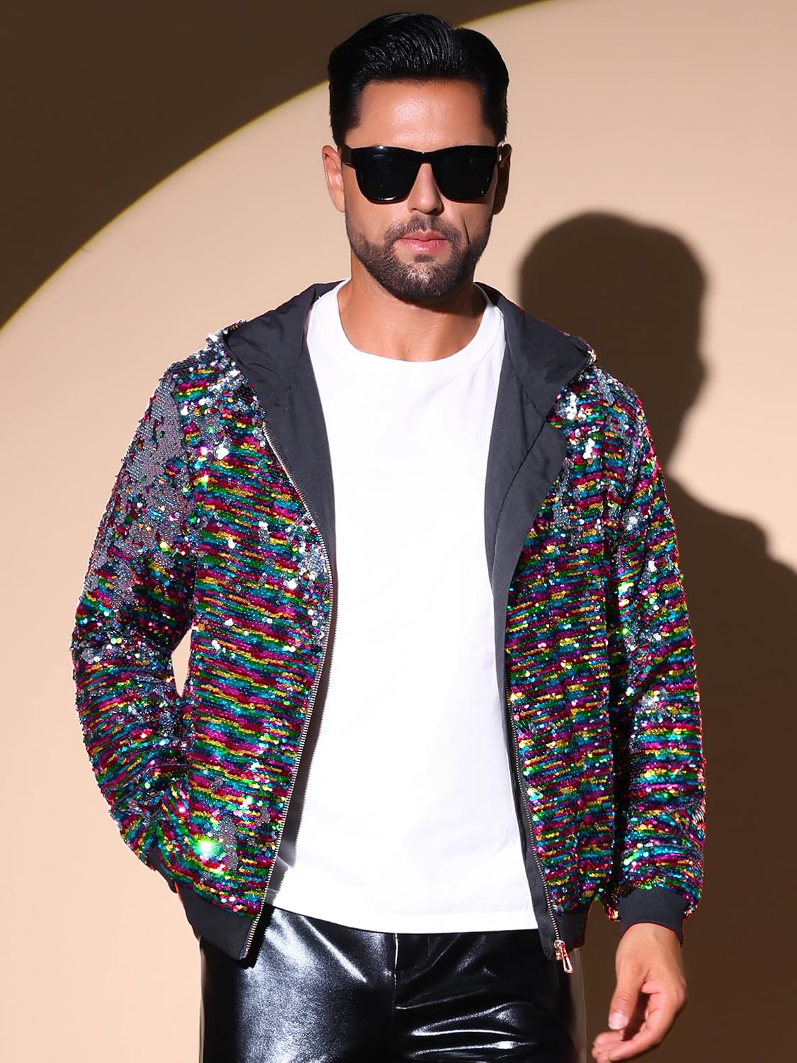 Lars Amadeus Sequins Jacket for Men's Long Sleeves Zip Up Flip-Sequin Sparkle Metallic Hoodie Jackets
