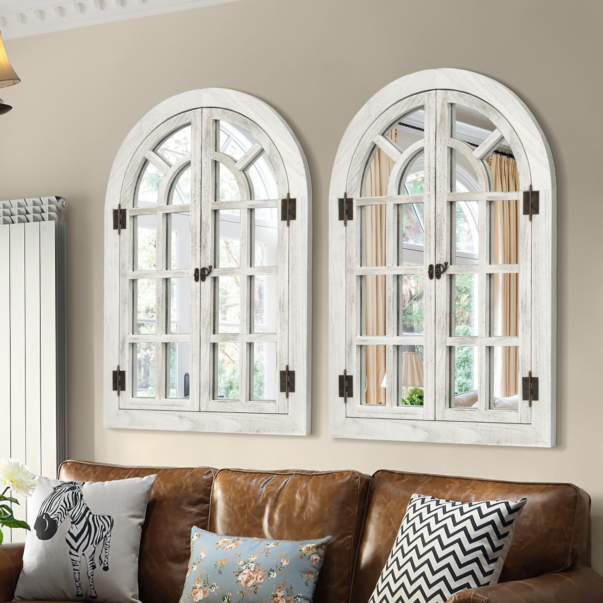 Arched Wall Mirror -Window Mirrors for Wall Decor Wood Frame Farmhouse Decor White Decorative Wall Mirrors Like Window for Bedroom, Living Room, Entrance, Dining Room (Wood, 20"x30")