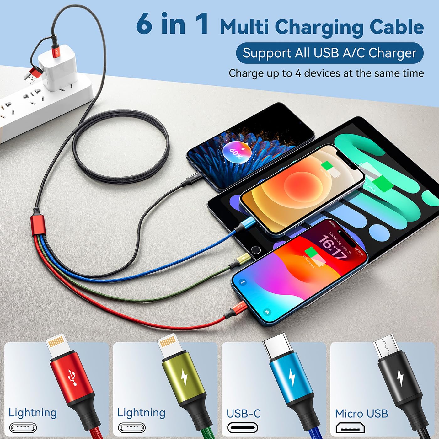 Minlu Câble de Charge 4 en 2, Cable Multi Embout avec Transfert de Données [3,5A 1,2M] Câble Multi USB Universel en Nylon, Câble de Charge Rapide USB avec Micro/Type C/Lightning pour iPhone,Android