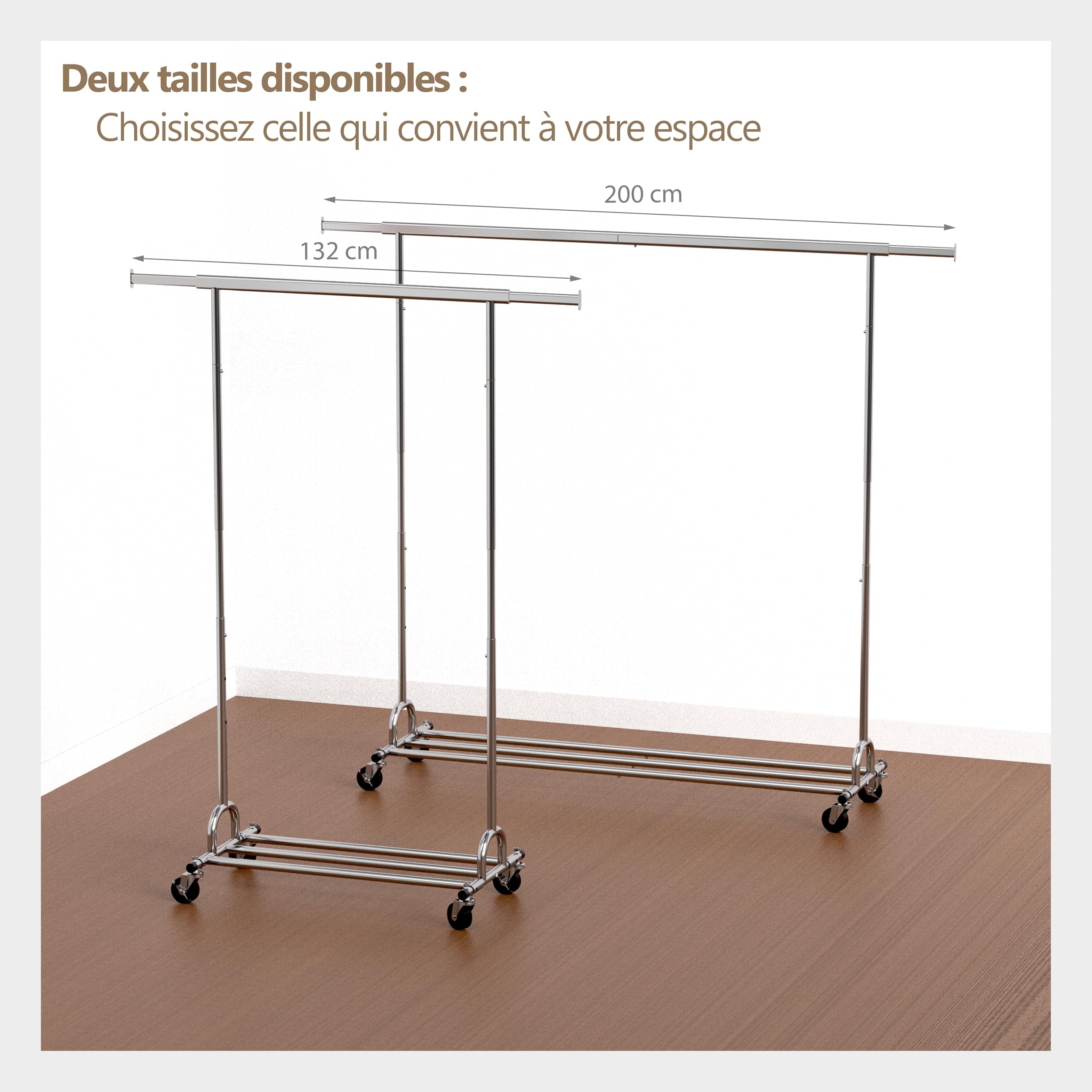 PORTENTUM Portant a vetement solide extensible avec roues et freins – Hauteur réglable entre 149 et 174 cm – Jusqu'à 180 kg de charge – Penderie en acier 45 x (92–132) cm de largeur
