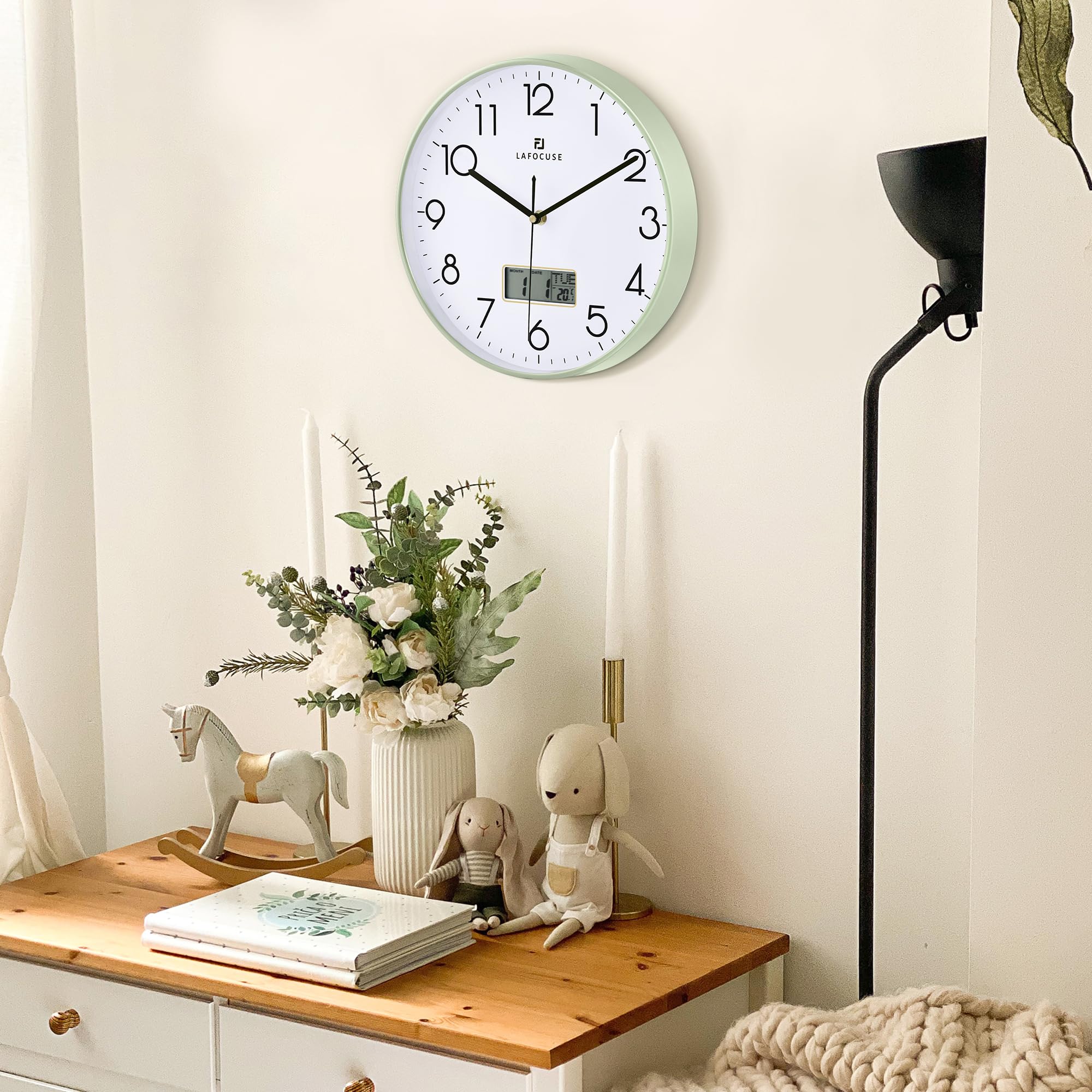 Lafocuse 30cm Orologio da Parete con Digitale LCD Datario e Termometro, Silenzioso Orologio Moderno Verde, senza Ticchettio per Cucina Camera da Letto Soggiorno Ufficio