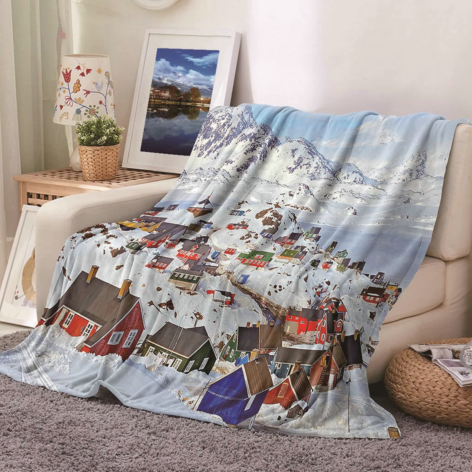Aeici Couverture Polaire, Couverture Enfant Couverture 180x200 cm Maison de Neige Montagne Couverture Canapé Hiver pour Salon Canapé Lit