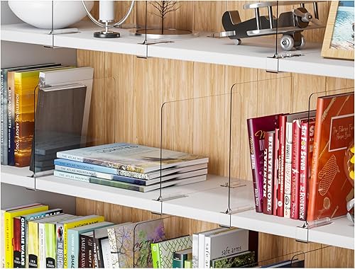 Miniatura 7 de Yieach Paquete de 6 separadores de estantes acrílicos para organización del armario, altura ajustable, separadores transparentes para toallas,