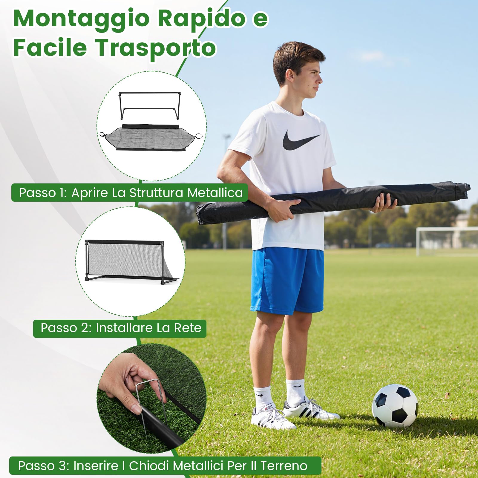 COSTWAY Porta da Calcio per Bambini in Metallo con Rete, Porta da Calcio Pieghevole e Facile da Montare con 4 Picchetti per Cortile, Spiaggia e Giardino per Bambini 6+ Anni