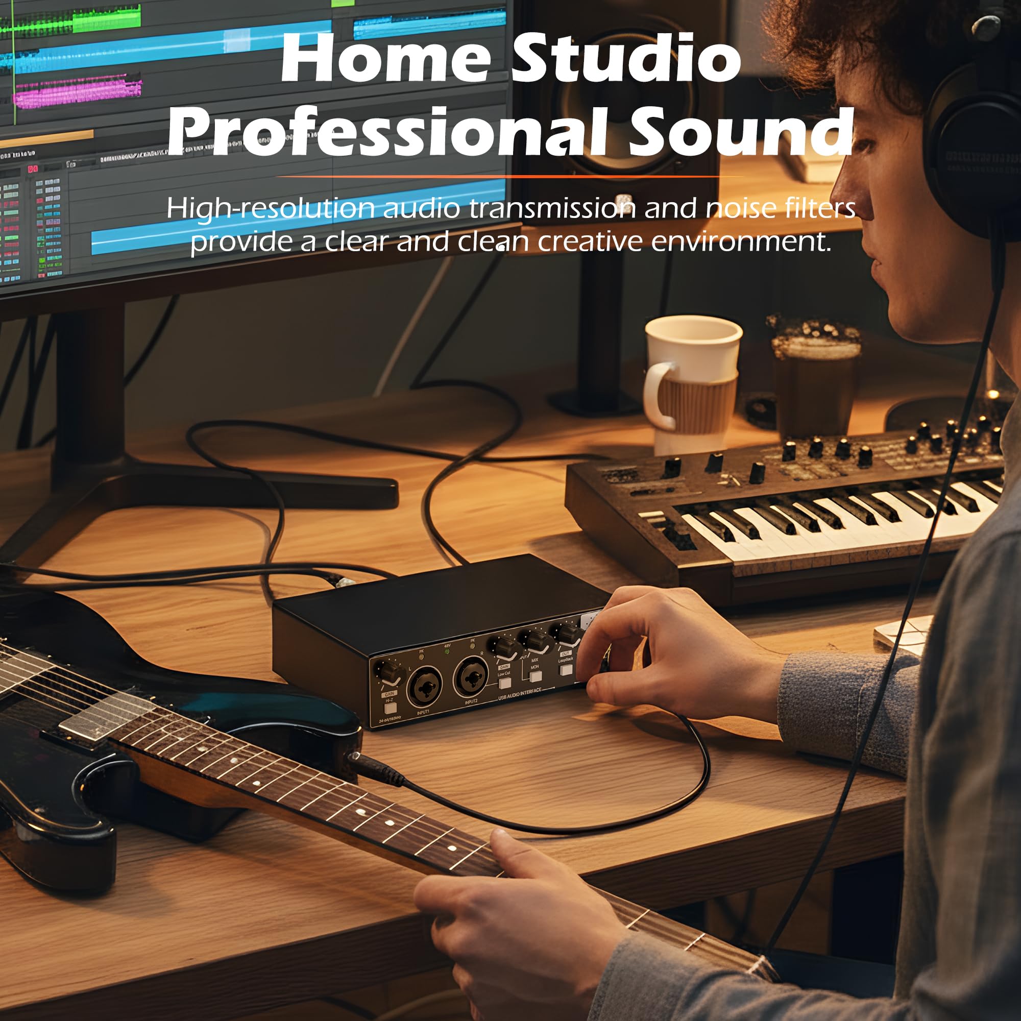 Interfaccia audio USB per la registrazione del PC, interfaccia audio del computer a 24 bit/192 kHz per la registrazione di musica, 48 V Phantom Power Music Recording Studio Apparecchiature da studio