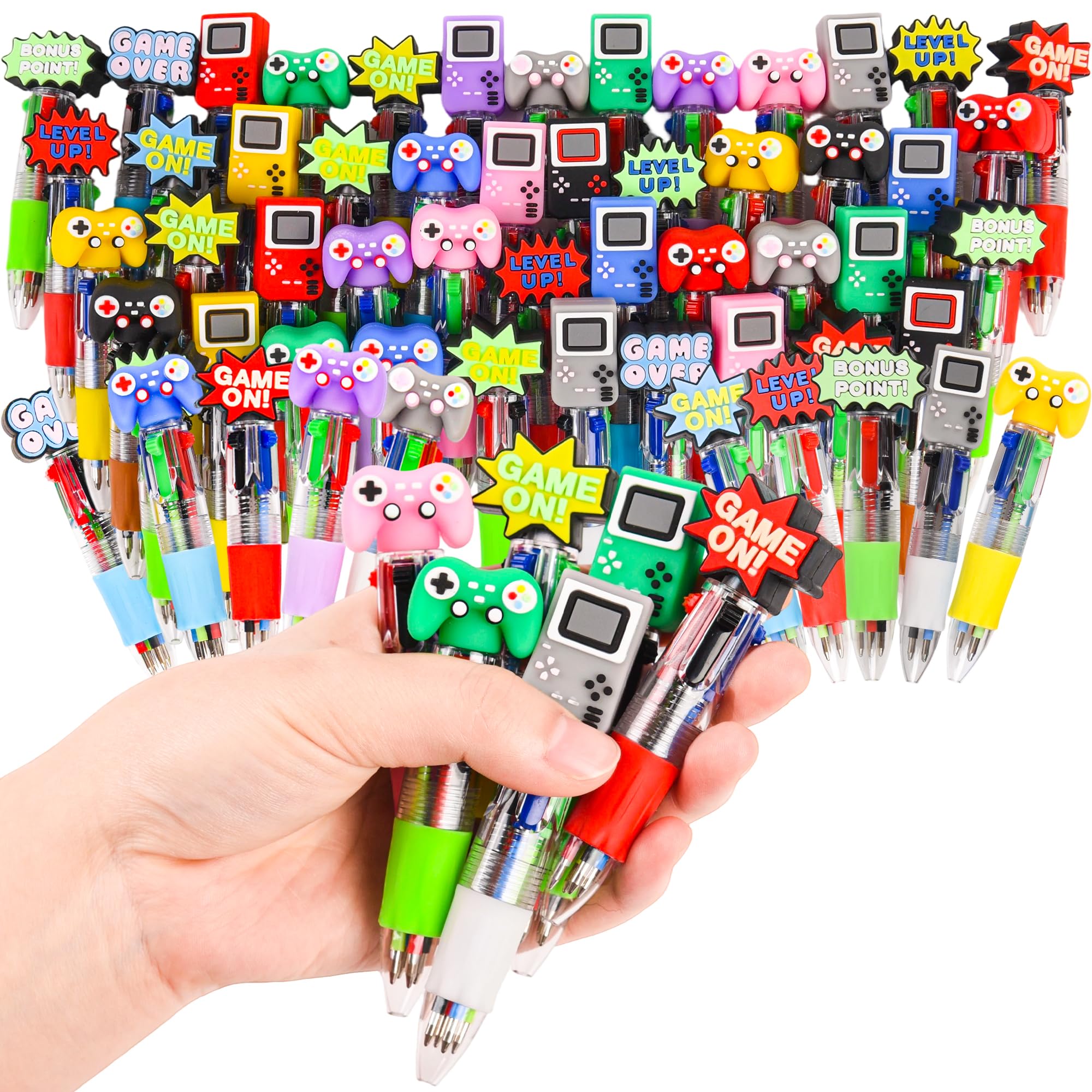 Video Game Multicolor Pen in One Cartoon Cute Fun 4-in-1 Cute Pens Bulk Kawaii Game Handle Level Up Games Console Shape Cool Ballpoint Pens for Kids Fun Gifts (50)
