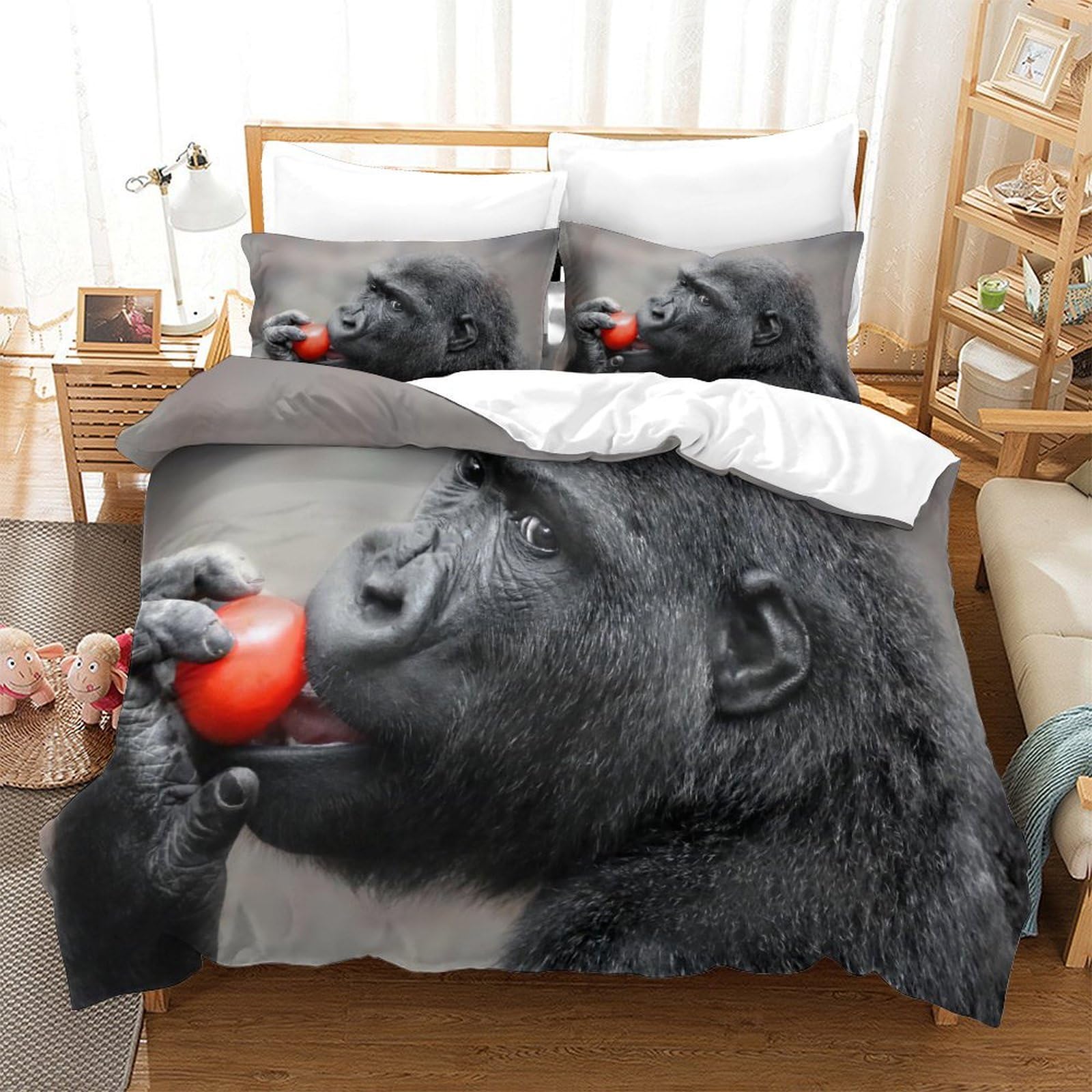 P1S9U7W5Y Realistic Animal 3D Printed Gorilla Duvet Cover Set 3pcs Microfiber Bedding Set Single