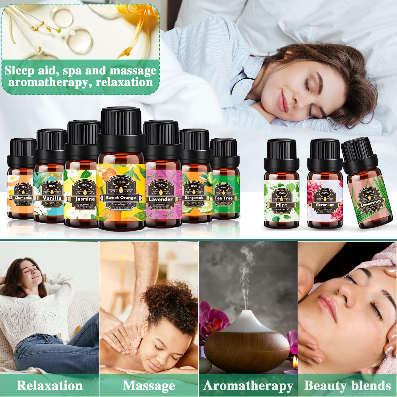 Set di oli essenziali, 20 x 10 ml, oli essenziali per diffusore, diffusore di aromi, puramente naturale, per sapone, candele, cosmetici, lavanda, eucalipto, bergamotto, rosa