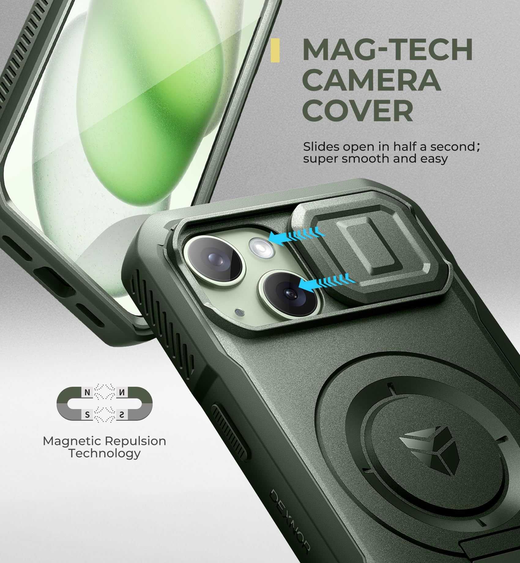 Dexnor for iPhone 15 Magnetic Case With Slide Camera Cover & Adjustable Kickstand & Built-in Screen Protector - Image 4