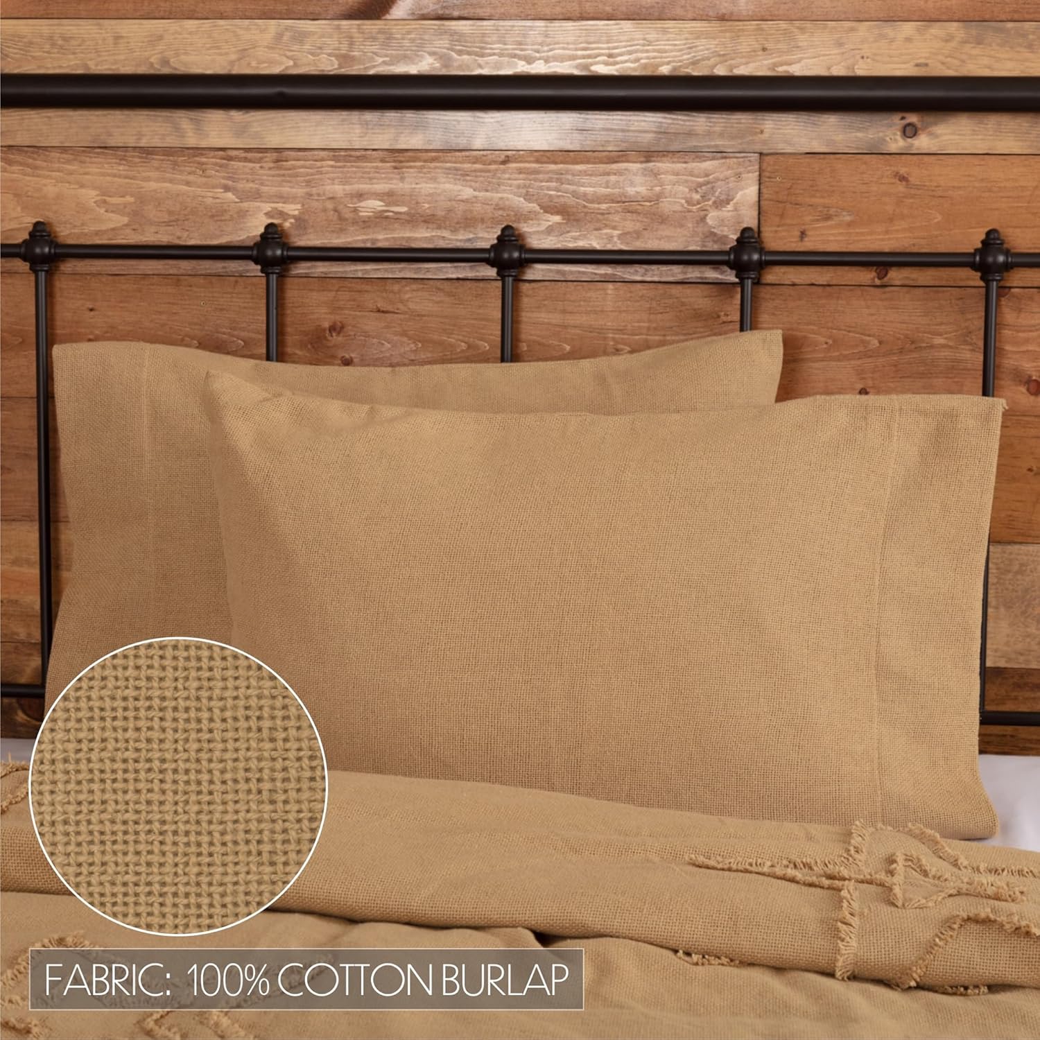 VHC Brands Burlap Solid Color Cotton Farmhouse Bedding Standard Pillow Case Set of 2, Natural Tan