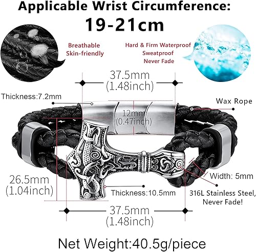Miniatura 3 de FaithHeart Brazalete vikingo para hombres y mujeres, de acero inoxidable con runa, martillo de Thor, lobo y nudo celta, personalizable