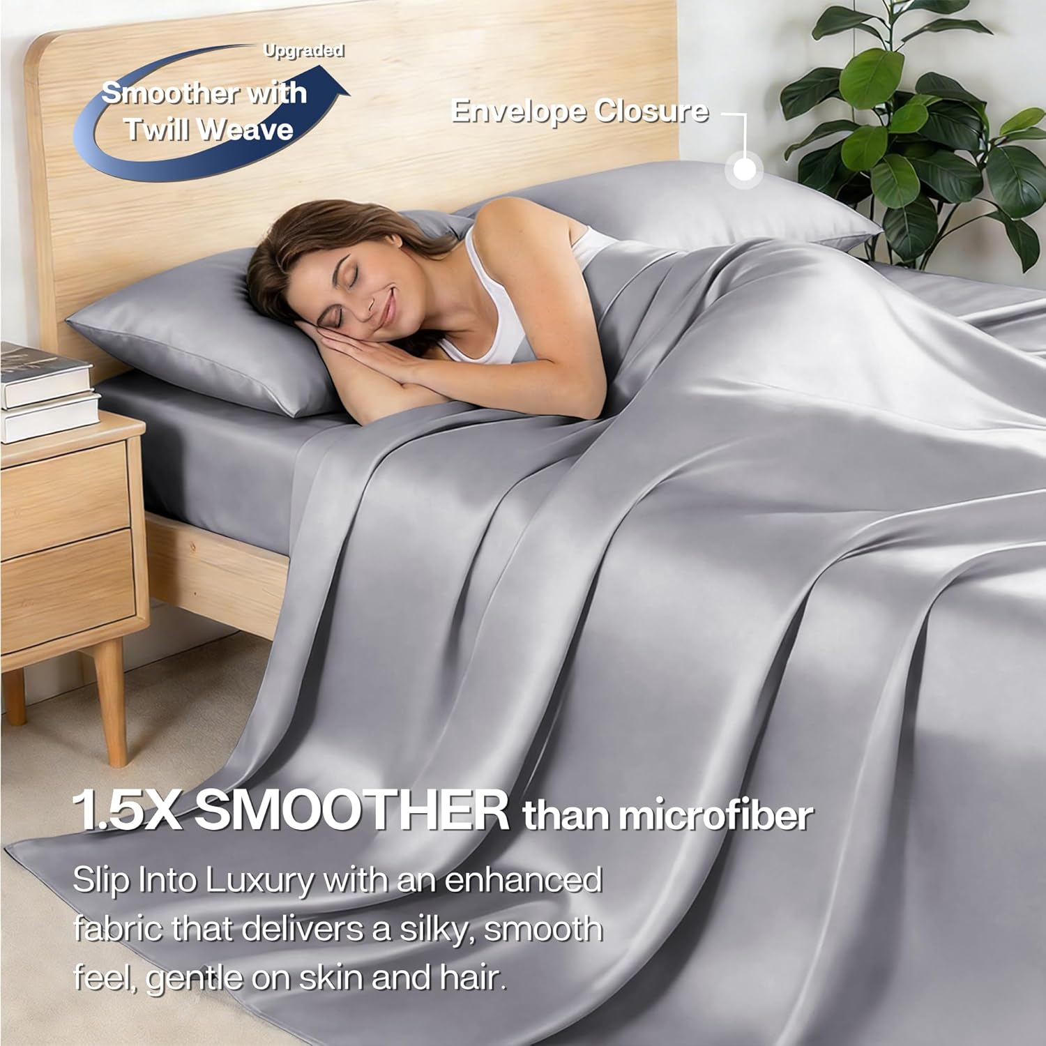 MR&HM Full Size Bed Sheets, 4-Piece Cooling Sheets, Rayon Derived from Bamboo & Polyester Blend, Soft & Silky, 15" Deep Pockets with Elastic Straps, Hotel Luxury for Hot Sleepers, Silver Grey