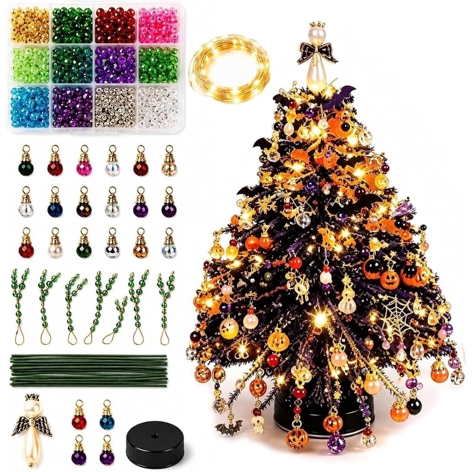 Beaded Christmas Tree Kit, Christmas Ornaments 3D Bead Kits, Handmade Mini Xmas Tree Making Kit with Colorful Beads & Ornaments, Holiday Tabletop Decoration Craft Gift for Craft Lovers & Beginners
