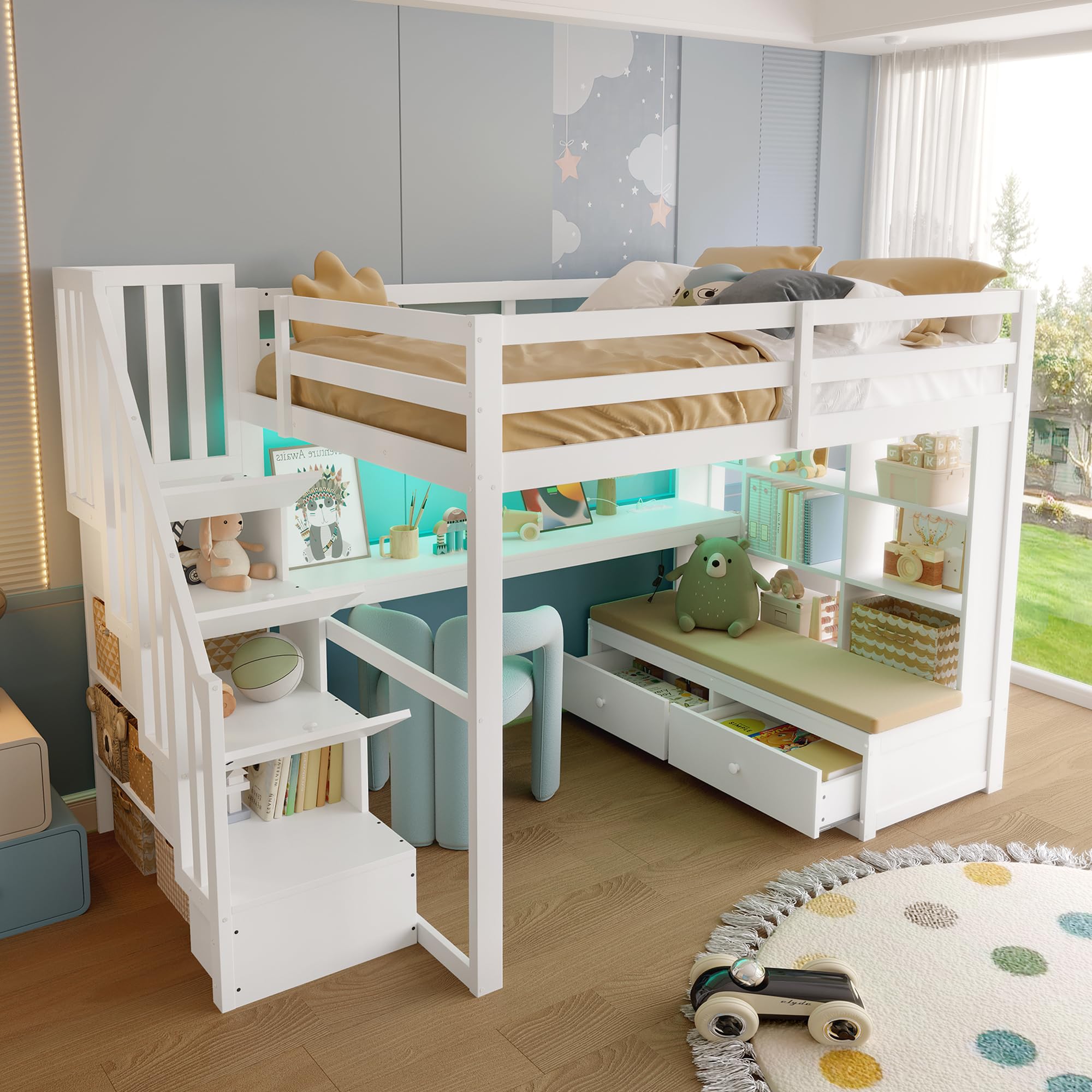 Lettino per bambini 140 x 200 cm, letto a soppalco con scrivania e scaffali, due cassetti integrati, scala di archiviazione, letto per ragazzi e ragazze, bianco