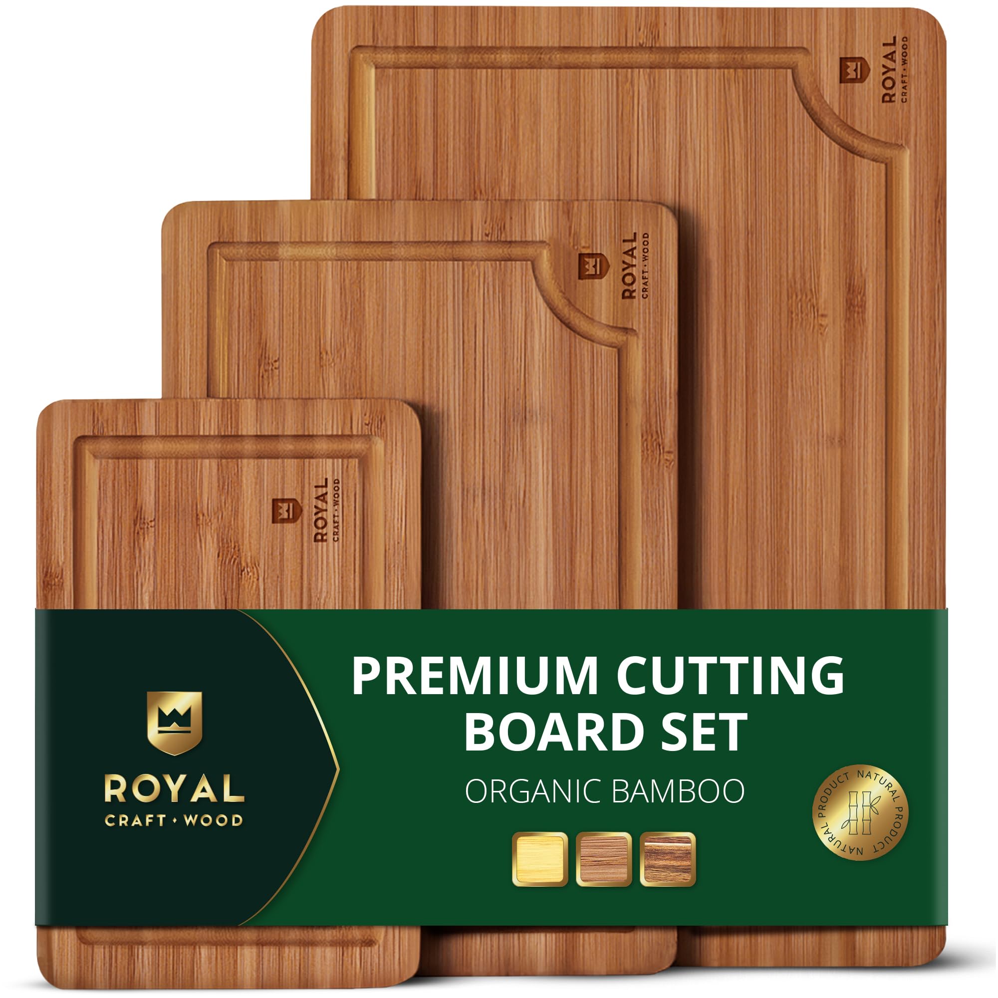 ROYAL CRAFT WOOD Wooden Cutting Boards for Kitchen Meal Prep & Serving - Bamboo Wood Serving Board Set with Deep Juice Groove Side Handles - Charcuterie & Chopping Butcher Block for Meat (3 Pcs)