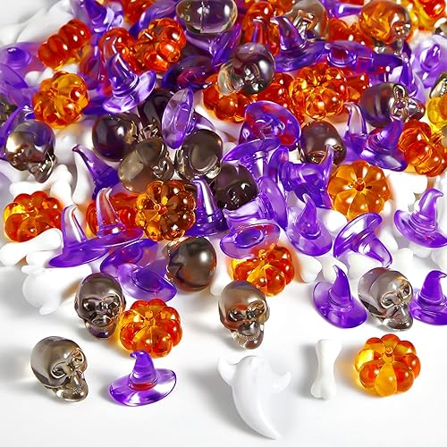 240 piezas de adornos de calabaza acrílica para Halloween, mini cabeza de calavera pequeña, sombreros de bruja pequeños, mini huesos de esqueleto,