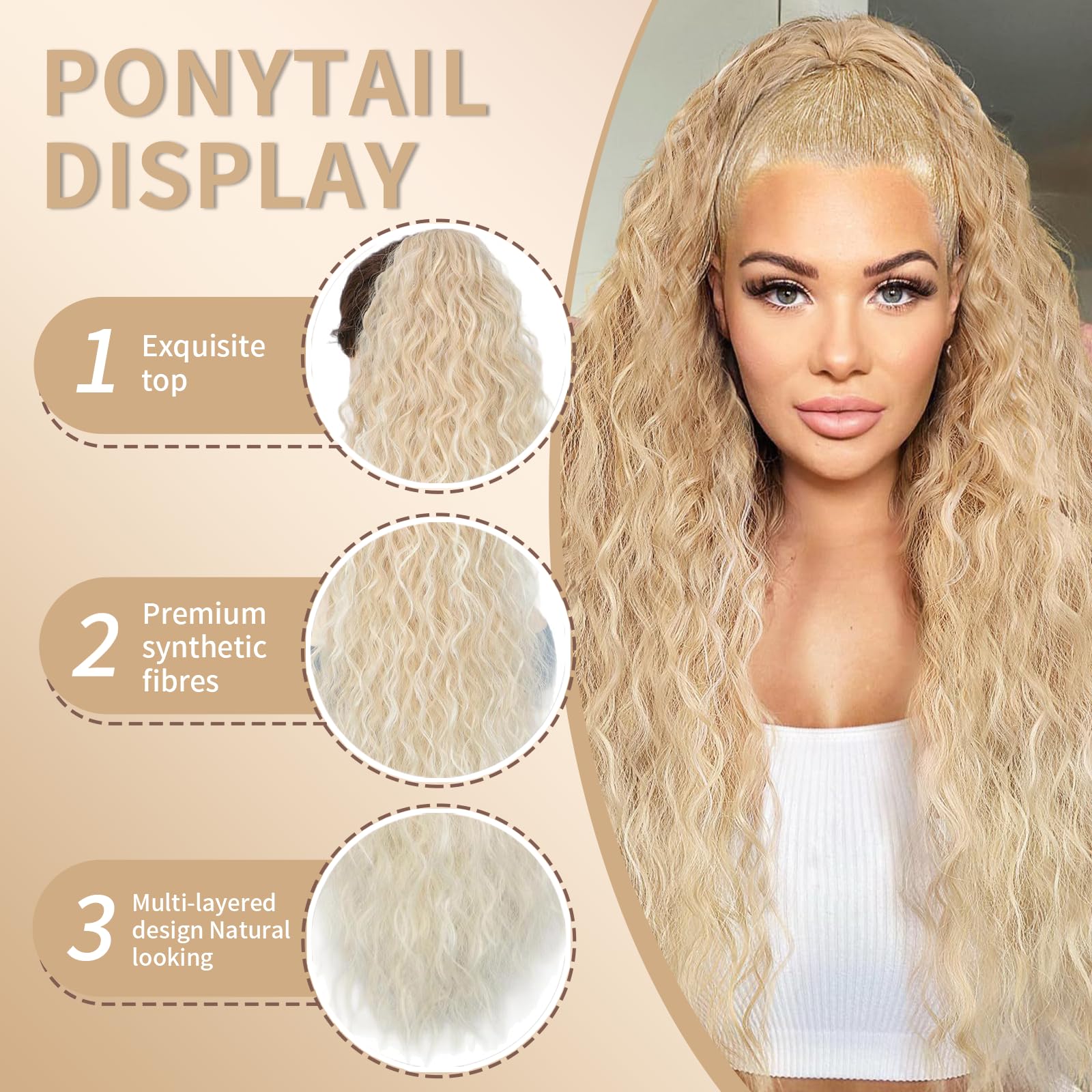 Humistwbiu Claw Clip Ponytail Extension for Women 30 Inch Long Ponytail Hair Piece Wavy Curly Synthetic Hairpieces, Omber Light Blonde - Image 3