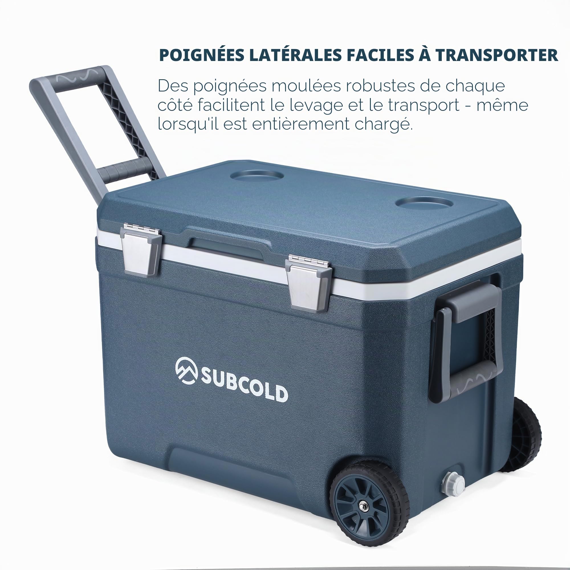 Subcold MOBI Glacière à roulettes, bleu, 45 L, isolation en mousse PU | Glacière isotherme à roulettes avec poignées et drainage, glacière pour voyage, voiture, camping et plein air