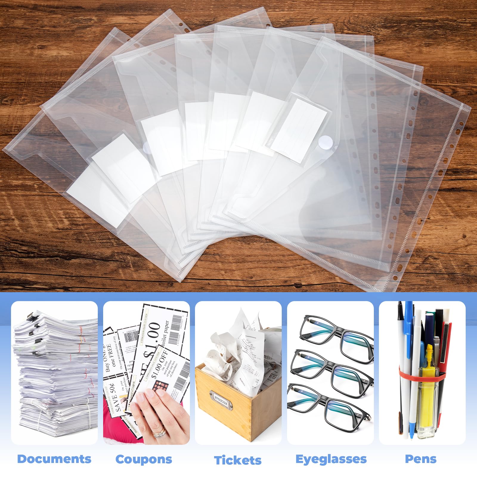 TAOPE 20 Pack Punched Pockets A4 Plastic Wallets, 11 Holes Binder Pocket with Velcro Closure and Label Pocket - Image 3