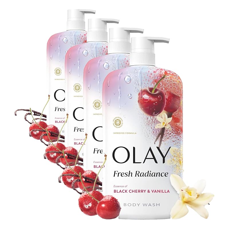 Sabonete líquido corporal Olay Fresh Radiance com fragrância de cereja-preta e baunilha, Vitamina B3 e antioxidantes, 858 mL, pacote com 4