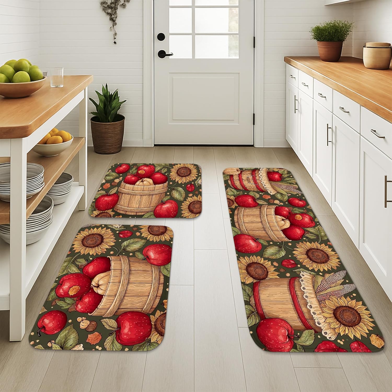 Vintage Kitchen Mats for Floor, Red Apples Rustic Farmhouse Soft Mats, Cushioned Comfort Washable Non Slip Decor Rugs for Kitchen Sinks Laundryroom Bathroom 3Pcs