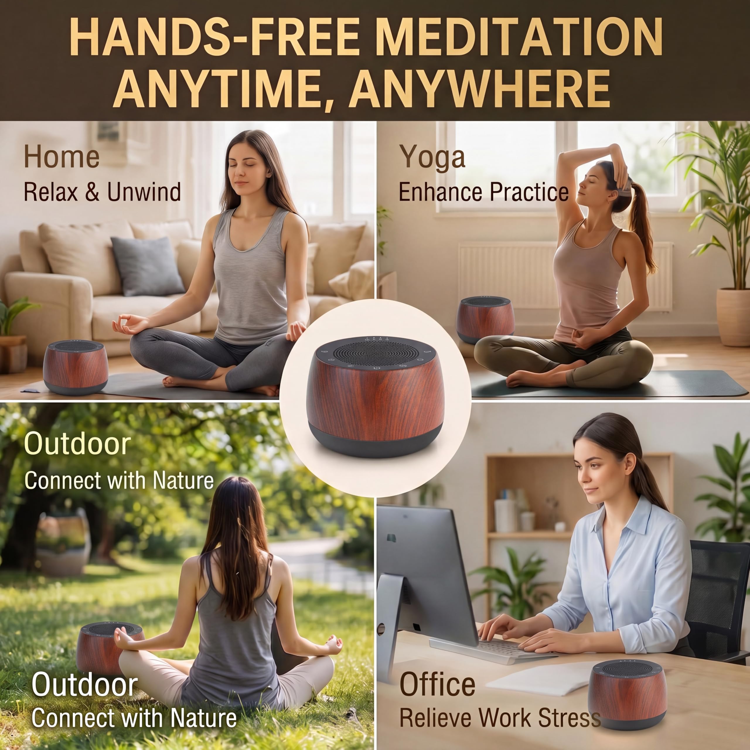 Cuenco Tibetano Electrónico, Máquina de Sonidos Inalámbrica con Temporizador, Accesorios de Meditación Yoga y Dispositivo de Terapia de Sonido para Casa y Estudio (Veta de Madera)