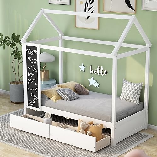 Miniatura 178 de KLMM Cama de madera de tamaño matrimonial con valla y puerta, marco de cama de madera para niños o niñas, se puede decorar (valla blanca + puerta)