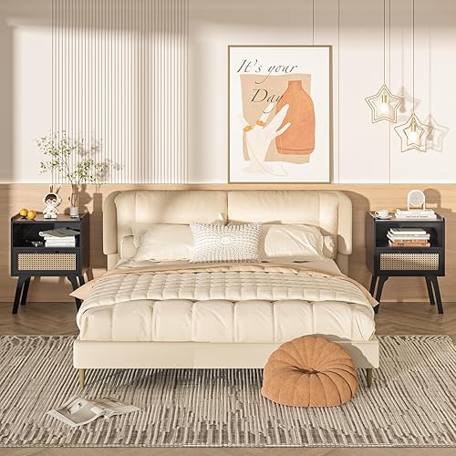 Miniatura 30 de Lerliuo Juego de 2 mesitas de noche de ratán, mesa auxiliar bohemia con cajón abierto, mesa auxiliar de noche con patas de madera maciza para Negro