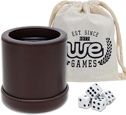 WE Games Juego de tazas profesionales hechas a mano de cuero marrón oscuro, 5 dados y bolsa de transporte de tela