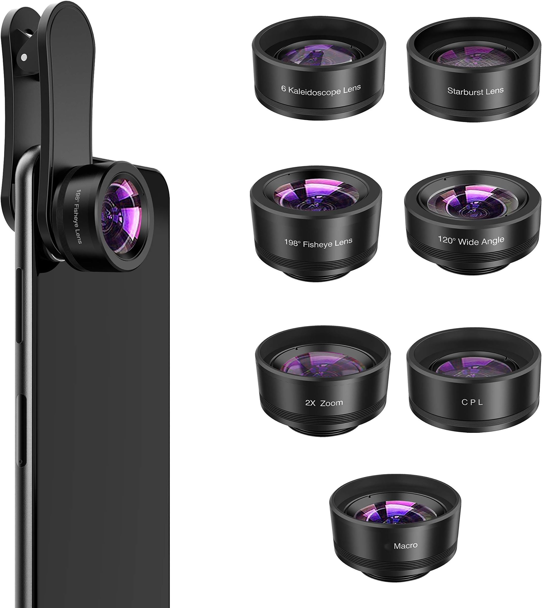 Phone Camera Lens,7 in 1 Cell Phone Lens Kit -120°Wide Angle Lens,Macro Lens,198°Fisheye Lens,Starburst Lens,2X telephoto,CPL,6 Kaleidoscope,Clip-On Compatible iPhone Samsung and Most Smartphone